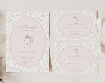 Vår lilla pumpa är på väg Babyshower: Preppy pumpa för flickor (redigerbar mall) Rosa rosett, blommig, Grandmillenial