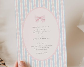 Girl Vintage Baby Shower Invitation, Classic Baby Shower Girl Invitation, Pink Blue Baby Shower, Pink Bow Baby Shower Invitation, FB02