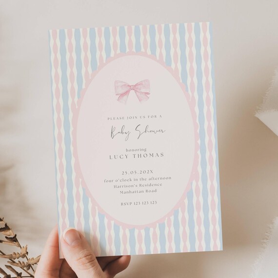 Girl Vintage Baby Shower Invitation, Classic Baby Shower Girl Invitation, Pink Blue Baby Shower, Pink Bow Baby Shower Invitation, FB02