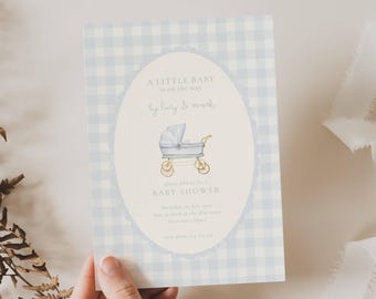 Baby Carriage Boy Baby Shower Invitation: Blue Stroller, Gingham (Editable Template)