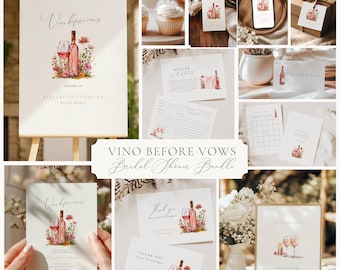 Vino Before Vows Bridal Shower Invitation: Wine Theme (Editable Template), Floral, Bundle
