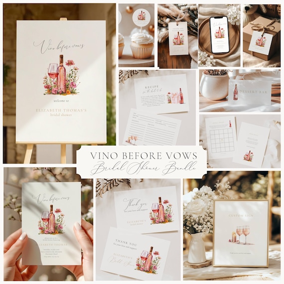 Vino Before Vows Bridal Shower Invitation: Wine Theme (Editable Template), Floral, Bundle
