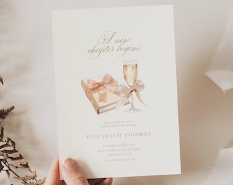 Invitación para despedida de soltera "Un nuevo capítulo": temática de libros (plantilla editable), cuentos, dorado, "Siguiente capítulo"