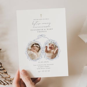 Baptism Invitation Twins, Christening Invitation Twins, Joint Sibling Baptism Invitation, Vintage Blue Baptism Invitation Boy and Girl, BP01