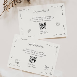 Codes QR de carte de registre baby shower, modèle de carte de registre de cadeau de naissance, carte de fonds de couche-culotte QR Code, modèle de carte de fonds de couche-culotte de baby shower, GR04