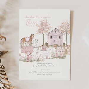 Pink Farm Birthday Invitation, Three-I-E-I-O 3rd Birthday Invite, Barnyard Girl Party, Farm Animal Party, 3rd Birthday Farm Invite Girl Invitation Template