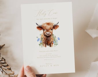 Highland Cow Baby Shower Invitation Boy: Holy Cow We Are Having A Baby, Blue Flowers (Editable Template)