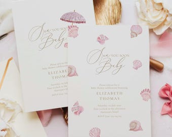 Sea You Soon Baby Shower Invitation, Beach, Coastal, Pink Seashells (Editable Template)