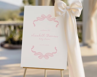 Rosa Bogen-Babyparty-Willkommensschild: Elegante rosa Schleife (editierbare Vorlage), rosa kokette Schleife Baby, süßes Mädchen auf dem Weg