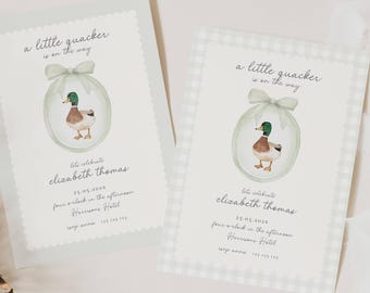 Vintage babyshower wilde eend: Little Quacker is onderweg, groene gingang (bewerkbare sjabloon)