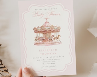 Carousel Baby Shower Invitation, Pink Carnival Baby Shower, Coquette Pink Horse Baby Shower Invitation, Pink Merry Go Round Baby Shower CP01