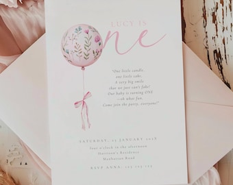 1st Birthday Pink Balloon Girl, One Little Balloon Pink Birthday Girl, Girl First Birthday Invitation Pink Balloon, One Year Birthday, MC01