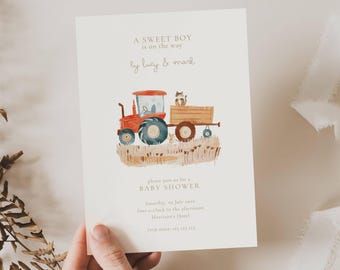 Tractor Baby Shower Invitation: Red Tractor, Farm, Barnyard (Editable Template)