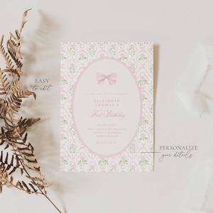 Vintage Pink Bow Floral Birthday Invitation, Elegant Coquette Bow Floral Birthday Invitation, First Birthday Preppy Bow Birthday Invite, FBD