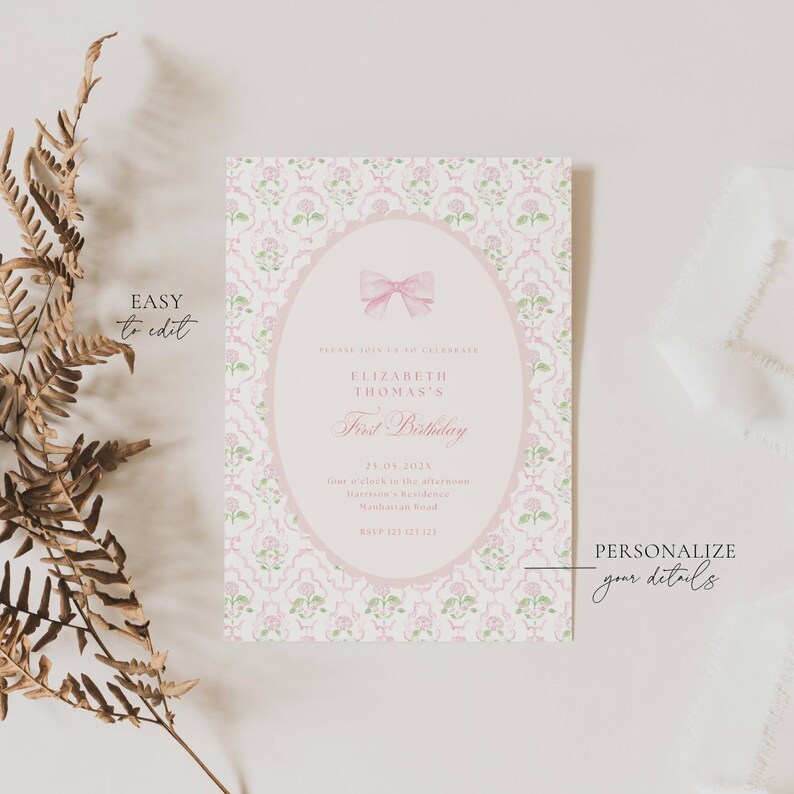 Vintage Pink Bow Floral Birthday Invitation, Elegant Coquette Bow Floral Birthday Invitation, First Birthday Preppy Bow Birthday Invite, FBD
