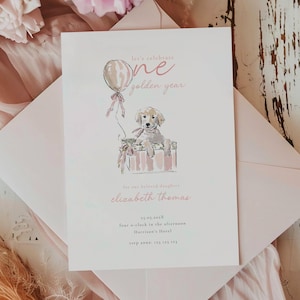 One Golden Year Birthday Invitation, Golden Retriever First Birthday Invitation, Our Little Goldie is Turning One Birthday Invite Girl Boy