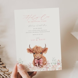 Invito per baby shower con mucca delle Highlands, inviti per baby shower con mucca delle Highlands Boho, Oh santo cielo, stiamo per avere un bambino, baby shower con mucca CP01
