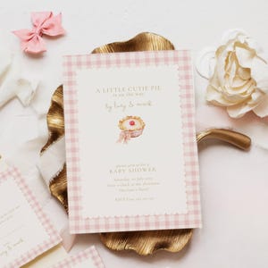 Cutie Pie Baby Shower Invitation, A Little Sweetie Pie Is On The Way, Pink Gingham (Editable Template)