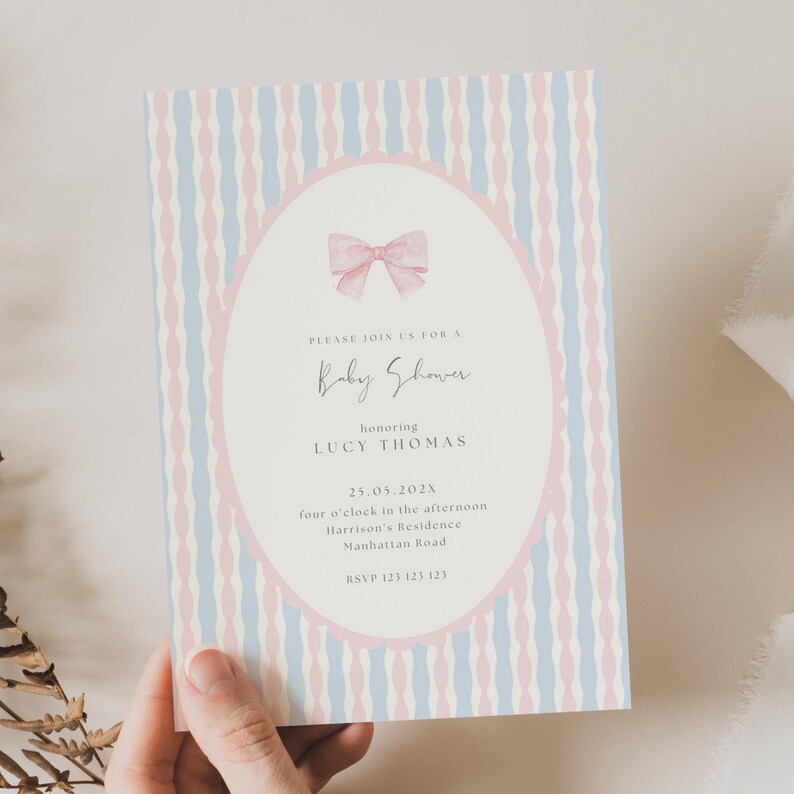 Girl Vintage Baby Shower Invitation, Classic Baby Shower Girl Invitation, Pink Blue Baby Shower, Pink Bow Baby Shower Invitation Template