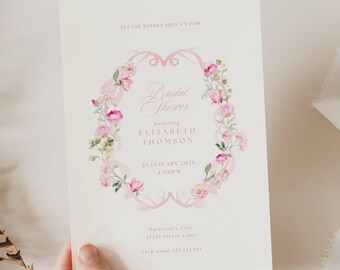 Pink Floral Bridal Shower Invitation, Pink Love in Bloom Bridal Shower Invitation, Pink Flowers Bridal Shower Invitation, Dainty Floral FW01
