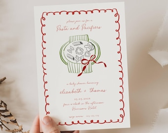 Invitación para baby shower con temática italiana (plantilla editable), ilustración dibujada a mano, invitación manuscrita