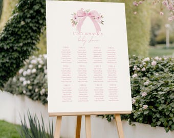 Pink Bow Baby Shower Seating Chart, Baby Shower Seating Chart Bow, Pink Ribbon Baby Shower Seating Poster, Minimalist Seating Chart Template