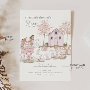 Pink Farm Birthday Invitation, Three-I-E-I-O 3rd Birthday Invite, Barnyard Girl Party, Farm Animal Party, 3rd Birthday Farm Invite Girl Invitation Template