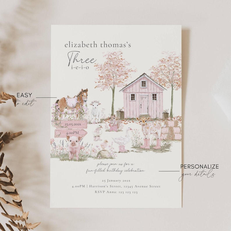 Pink Farm Birthday Invitation, Three-I-E-I-O 3rd Birthday Invite, Barnyard Girl Party, Farm Animal Party, 3rd Birthday Farm Invite Girl Invitation Template
