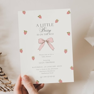 Strawberry Baby Shower Invitation, A Sweet Berry Is On The Way Baby Shower Invitation, Pink Strawberry Baby Shower Invitation, Coquette FR01
