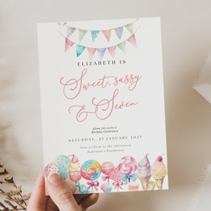 Sweet And Sassy Seven Birthday Invitations, Girls 7Th Birthday Invitation Candy, Sweet And Sassy 7 Invitations, Candy Birthday Invite, SW01