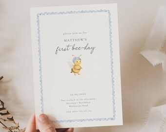 初めてのミツバチの日 誕生日招待状：Sweet To Bee One（編集可能なテンプレート）、ミニマリストのかわいいミツバチ、男の子のミツバチの1歳の誕生日