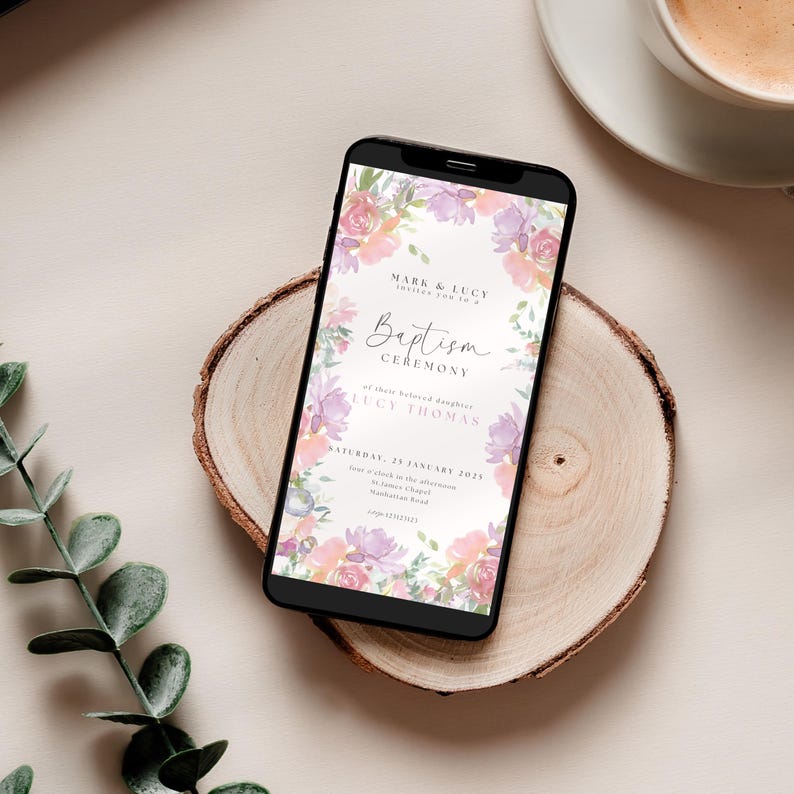 Baptism Invitation Girl Template Rustic Pink Flowers, Editable Pink