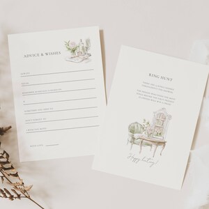 May include: Two ivory-colored cards with watercolor illustrations. One card reads "Advice & Wishes" and has lines for writing. The other card says "Ring Hunt" and has a picture of a chair and cabinet. "Happy hunting!" is written at the bottom.