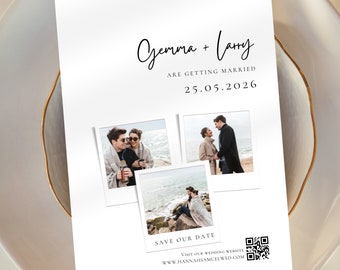 Save The Date Cards with Multiple Photos, Save the Date Photo and QR Code, Modern Minimalist Wedding Save the Date Template Invite, SD01