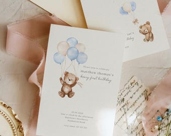 Teddy Bear 1st Birthday Invitation: Blue Balloons, Beary First (Editable Template)