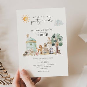 May include: A watercolor illustration of farm animals on a birthday invitation. The invitation is for Matthew Thomas's third birthday party. The invitation says "Calling all party animals" and includes the date and time of the party.