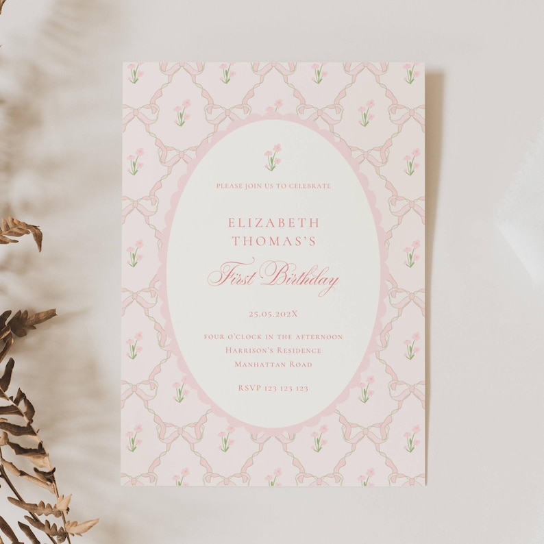 Vintage Pink Bow Floral Birthday Invitation, Elegant Coquette Bow Floral Birthday Invitation, First Birthday Preppy Bow Birthday Invitation Template