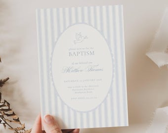 Baptism Invitation Dusty Blue Stripes Boy, Modern Classic Baptism, Minimalist Baptism Invite, Blue Christening, Modern Christening Boy