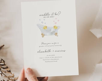 May include: A cream-colored invitation card with the text "waddle it be? HE OR SHE?" above a watercolor illustration of a bathtub with rubber ducks. The card also includes details for a gender reveal party honoring Elizabeth and Marcus.