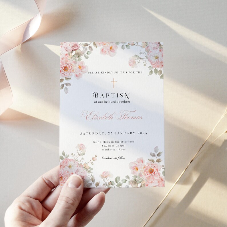Dusty Pink Invitation Baptism, Baptism Invitation Template Rustic Pink