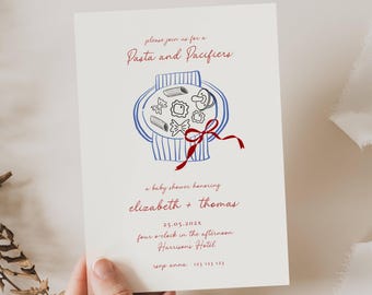 Invitación para baby shower con temática italiana (plantilla editable), ilustración dibujada a mano, invitación manuscrita