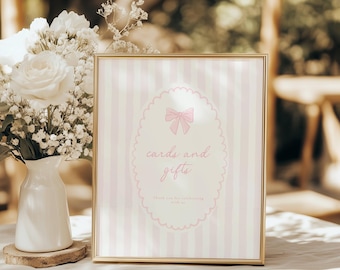 Rosa Schleife Baby Shower Tischschilder: Kokette Schleife (editierbare Vorlage), elegante rosa Kokette Schleife, süßes Mädchen auf dem Weg