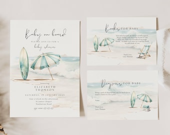 Baby On Board Invitation Suite Surf Beach, Surfer Baby Shower Invitation, Beach Baby Shower Invitation, Surfboard Baby Shower Boy, SUM