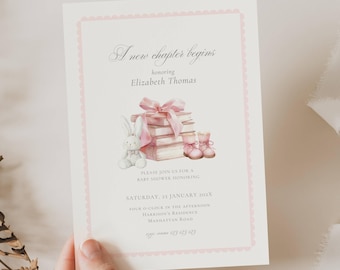 A New Chapter Baby Shower Invite Girl, Book Theme Baby Shower Pink, Storybook Baby Shower Girl, Baby Shower New Chapter Girl Invite, FB02