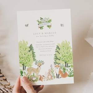 Woodland Baby Shower Einladung, Gender Neutral Waldtiere einladen, Waldthema lädt ein, Waldkreaturen, Waldbewohner, BT