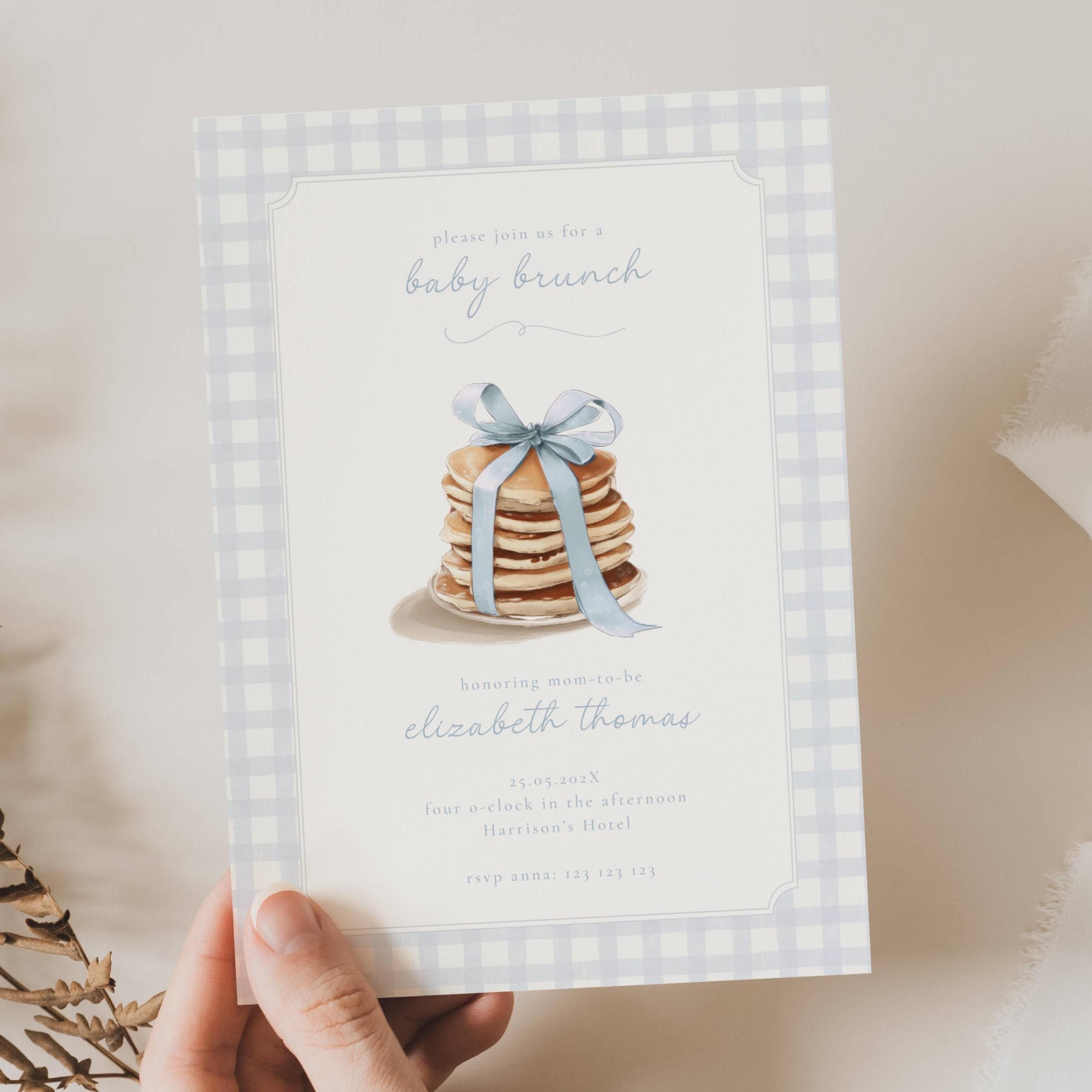 Pancake Baby Brunch Baby Shower Invitation, Pancake Brunch Baby Shower Invite, Blue Bow Gingham Baby Brunch Pancake Baby Shower Invite, FR01