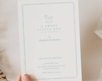 Rocking Horse Baby Shower Invitation Boy, Boy Baby Shower Invitation Rocking Horse, Light Blue Classic Rocking Horse Baby Shower Invite BL01
