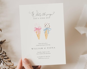 May include: A cream-colored invitation card with the text "What's the scoop? Let's find out" in elegant script. Two watercolor ice cream cones, one with a pink bow and the other with a blue bow, are featured. The card is for a gender reveal party.