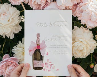 Petals and Prosecco Bridal Shower Invitation, Floral, Champagne, Brunch Bubbly (Editable Template)