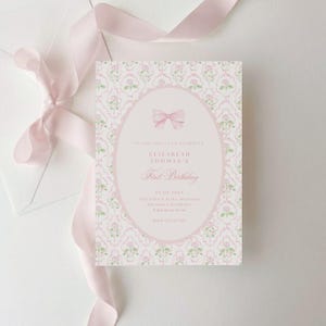 Vintage Pink Bow Floral Birthday Invitation, Elegant Coquette Bow Floral Birthday Invitation, First Birthday Preppy Bow Birthday Invite, FBD
